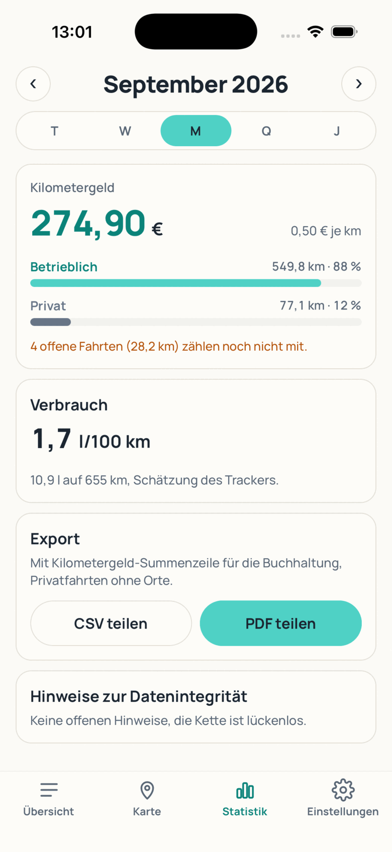 Die Statistik in der App: Kilometergeld und Anteile des Monats