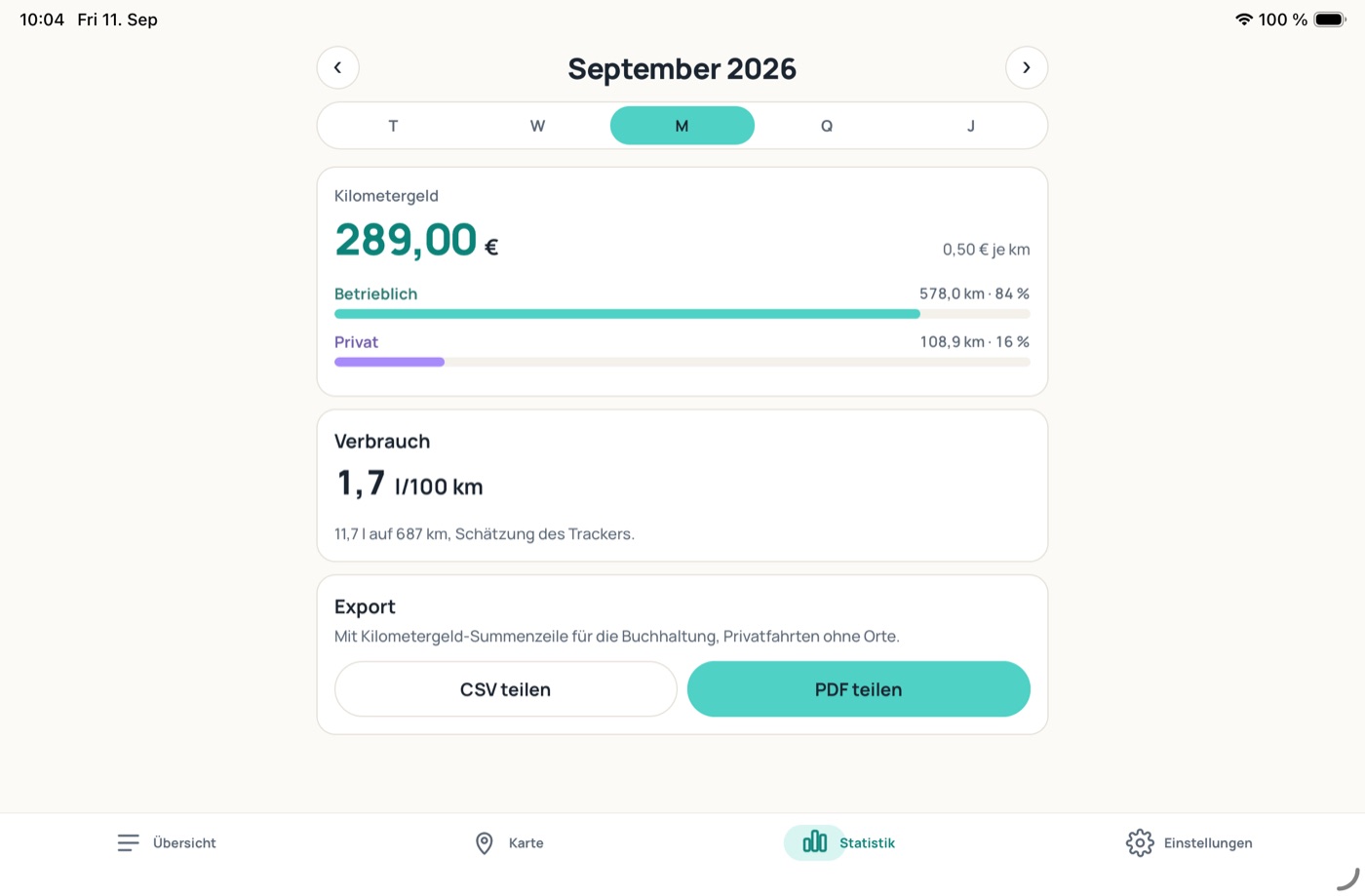 Die fliitz-App am iPad: Kilometergeld, Verbrauch und der Export als PDF oder Tabelle