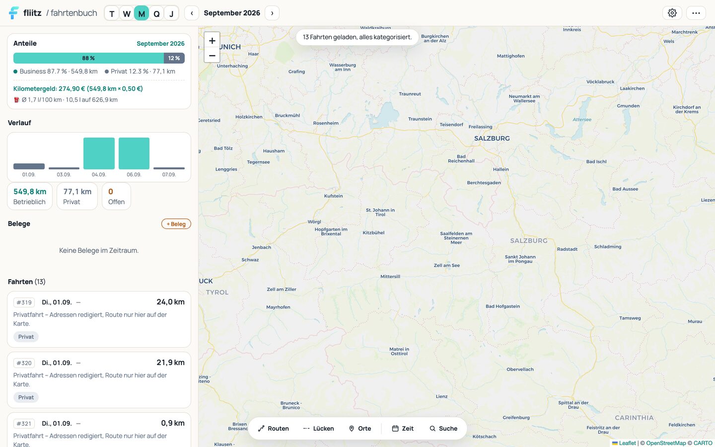 fliitz im Browser: Karte, Anteile, Kilometergeld und die Fahrten des Monats
